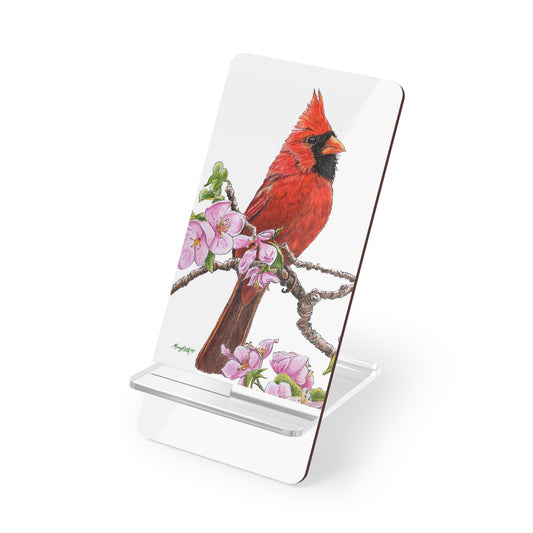 Mobile Display Stand for Smartphones, Northern Cardinal on Pink Floral, "Reflections", Spring Cardinal, Wild Bird, Cardinal Art