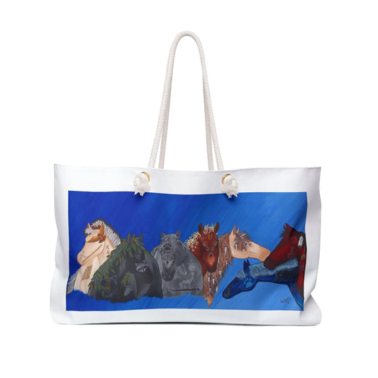 Weekender Tote Bag, Cherokee Seven Clans, Native American art with horses, "Galiquogi" or "Seven"