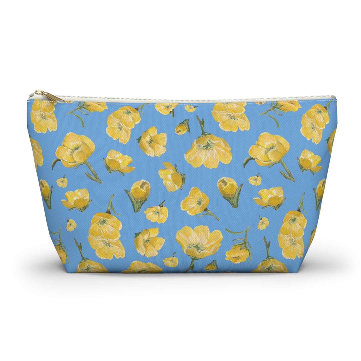 Accessory Pouch w T - bottom -Buttercups, Light Blue & Yellow - Floral Makeup Bag