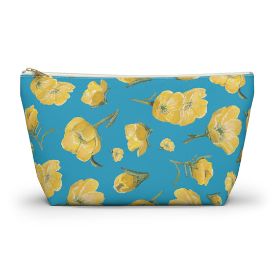 Accessory Pouch w T-bottom, Buttercups, Turquoise Colored Background, Oklahoma Wildflower, Yellow Floral