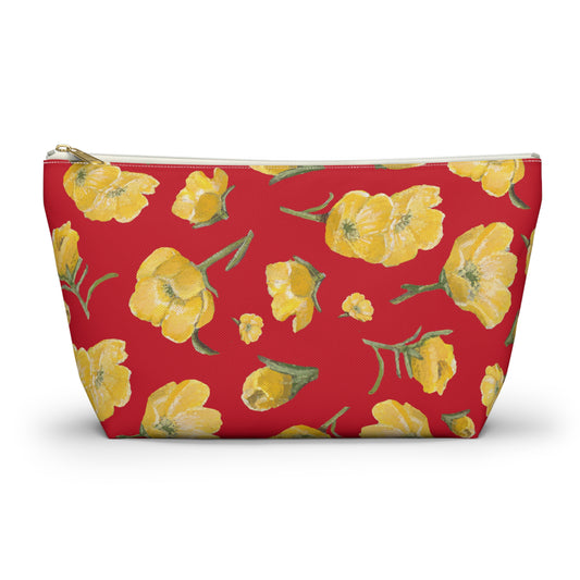 Accessory Pouch w T-bottom, Buttercups, Red Background, Oklahoma Wildflower, Yellow Floral