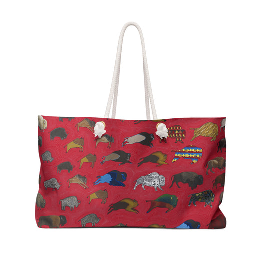 Weekender Bag, Red, Bison Transition, Native American, Buffalo, PowWow Tote