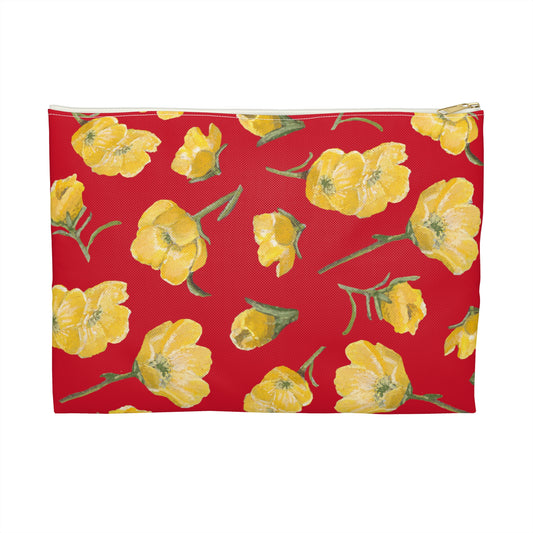 Accessory Pouch, Buttercups, Red Background, Oklahoma Wildflower, Yellow Floral