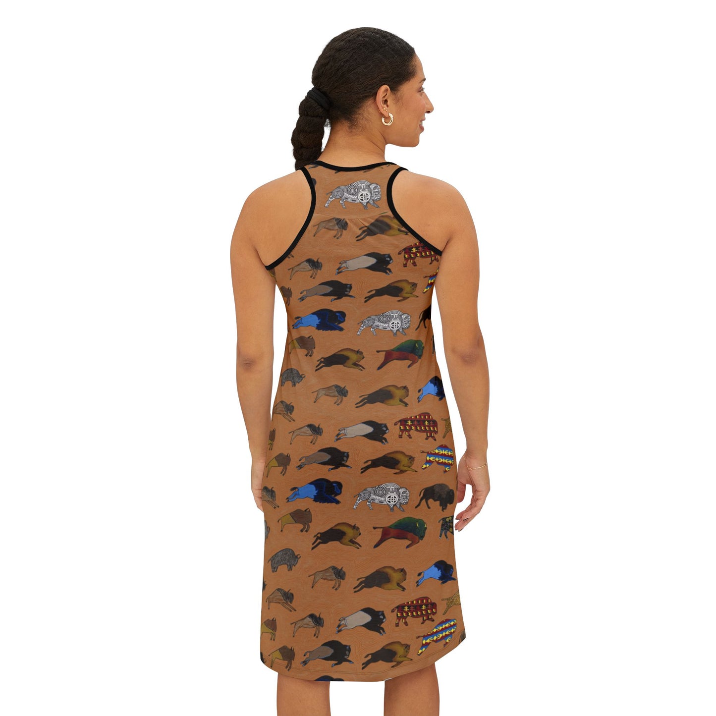 Native Art Bison Racerback Dress — Tan - All-Over Print Summer Sundress
