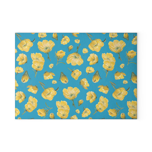 Glass Cutting Board, Kitchen Accessory, Buttercups, Turquoise Colored Background, Oklahoma Wildflower, Yellow Floral