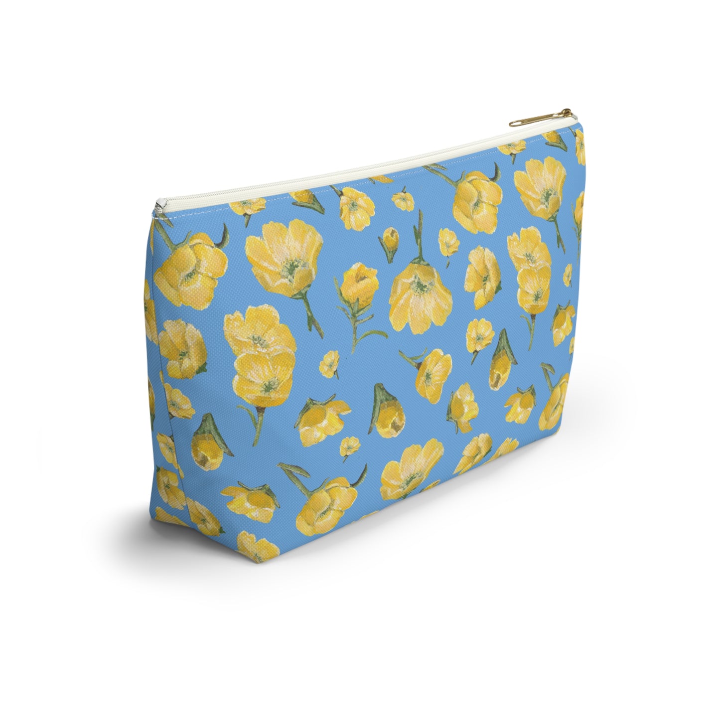 Accessory Pouch w T - bottom -Buttercups, Light Blue & Yellow - Floral Makeup Bag