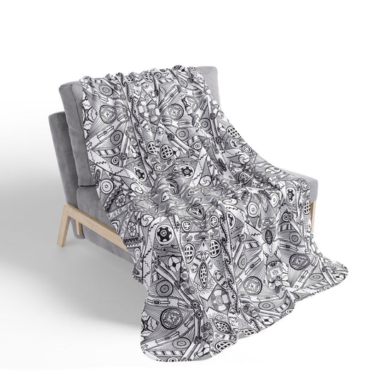 Fleece Sherpa Blanket, Black and White Tribal Motif, SouthEast Native American Mound Symbols, Indigenous art