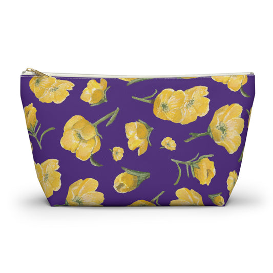Accessory Pouch w T-bottom, Buttercups, Purple Background, Oklahoma Wildflower, Yellow Floral