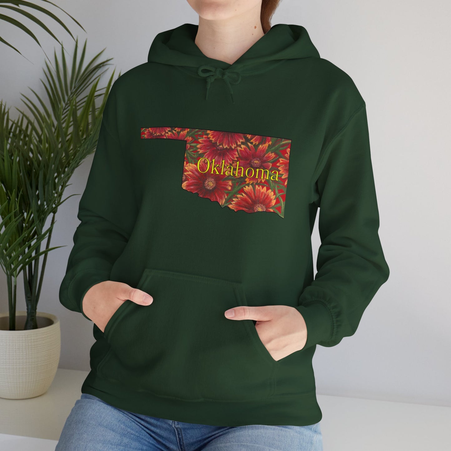 Oklahoma Hoodie - Indian Blanket - State Wildflower — Floral OK Map Design