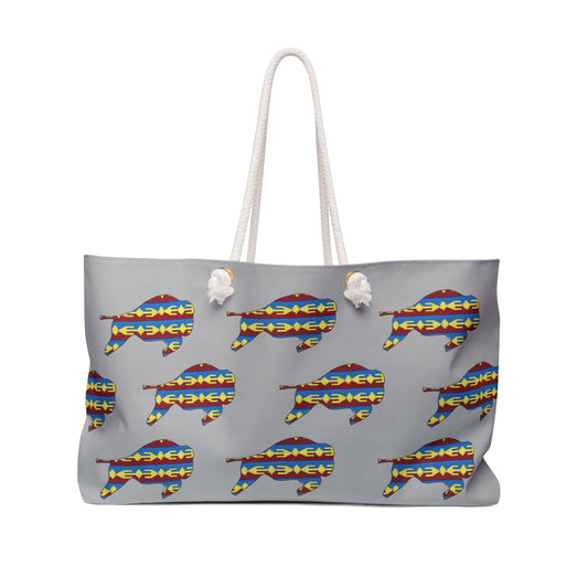 Weekender Bag, Gray, Osage Design, Bison, Buffalo, Native American, Powwow Tote