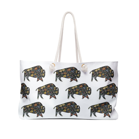 Weekender Bag, White, Floral Motif, Bison, Buffalo, Native American, PowWow Tote