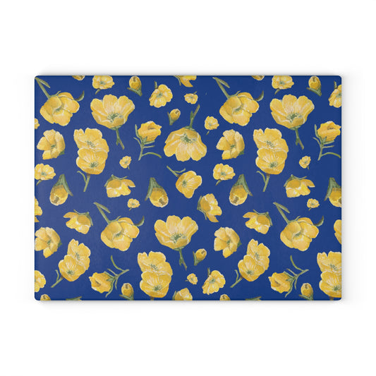 Glass Cutting Board, Kitchen Accessory, Buttercups, Dark Blue Background, Oklahoma Wildflower, Yellow Floral
