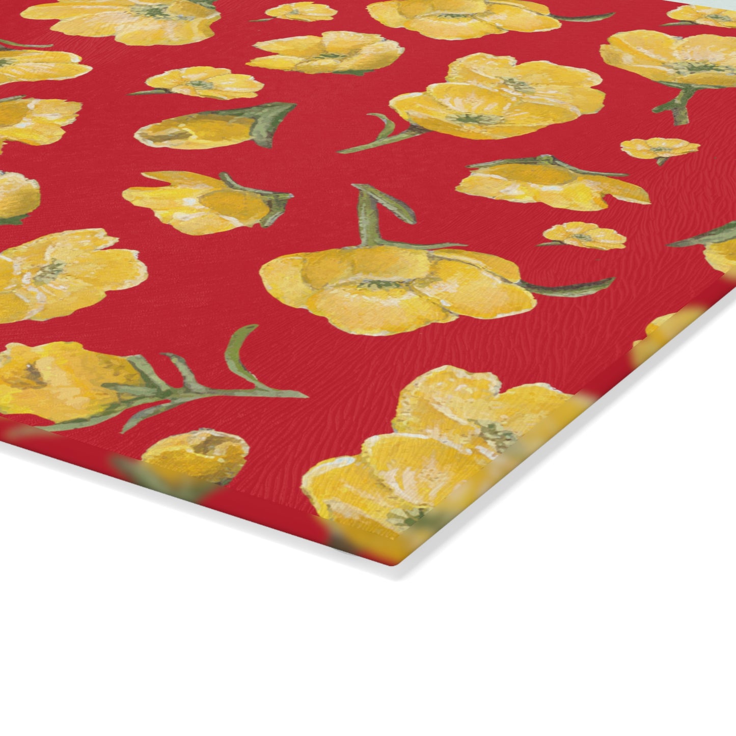 Glass Cutting Board, Kitchen Accessory, Buttercups, Red Background, Oklahoma Wildflower, Yellow Floral