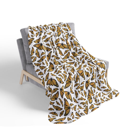 Fleece Sherpa Blanket, Monarchs, White background, Butterflies