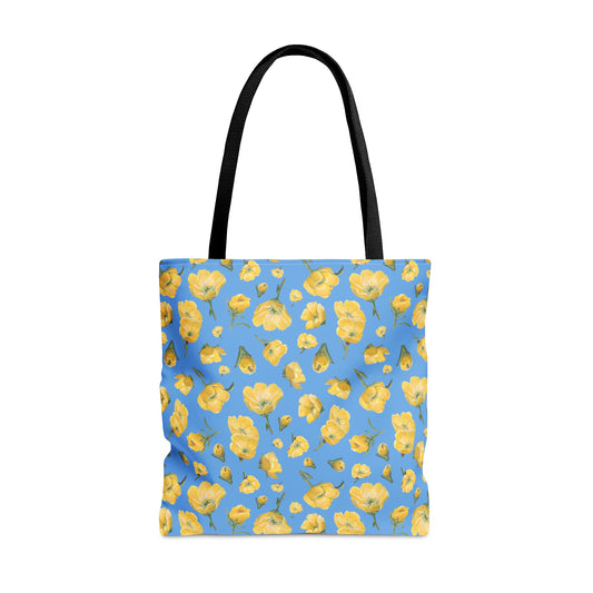 Tote Bag, Buttercups, Light Blue Background, Oklahoma Wildflower, Yellow Floral