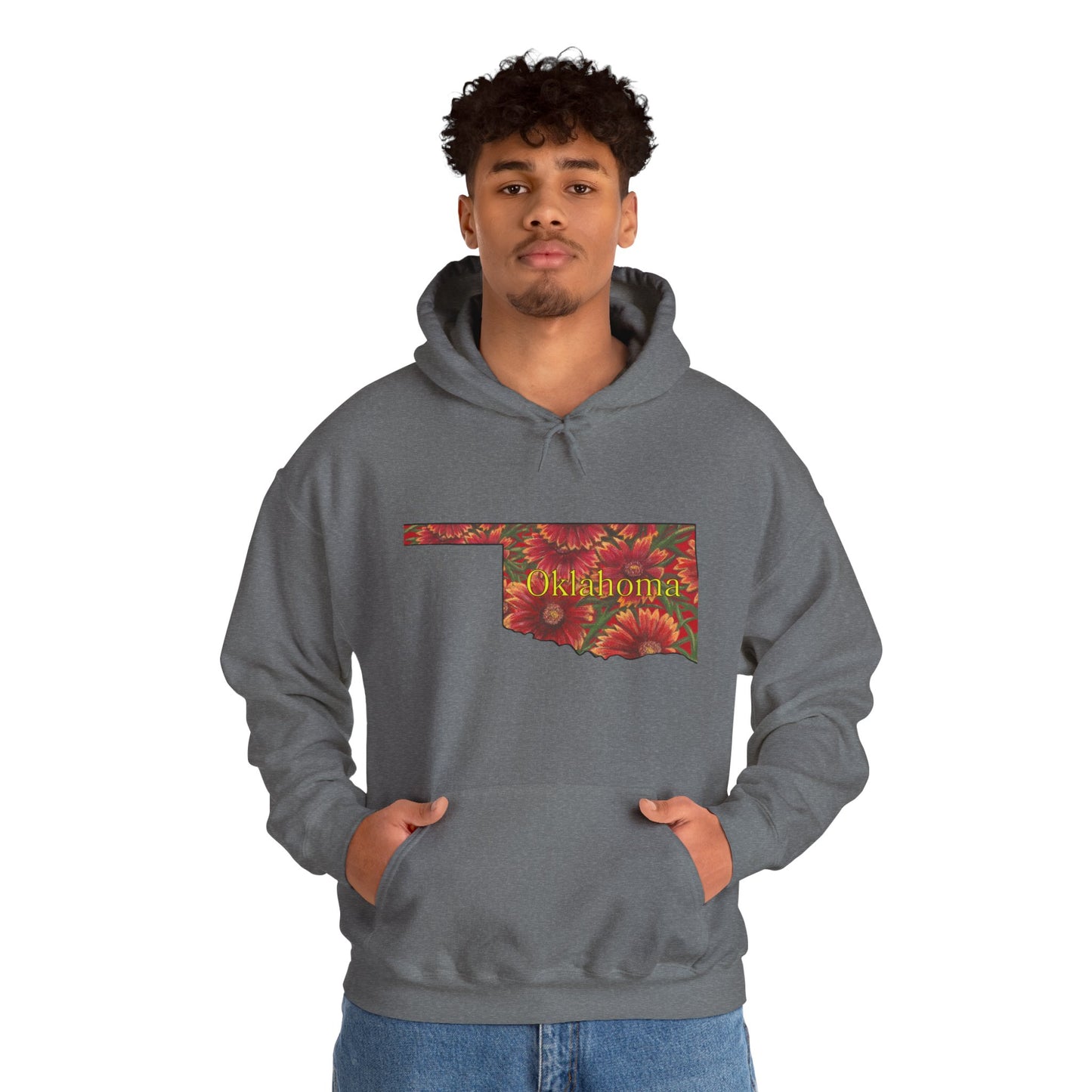 Oklahoma Hoodie - Indian Blanket - State Wildflower — Floral OK Map Design