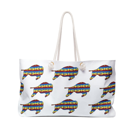 Weekender Bag, White, Osage Design, Bison, Buffalo, Native American, PowWow Tote