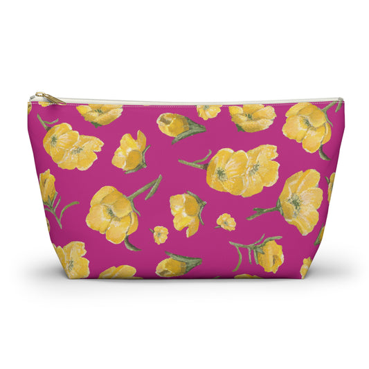 Accessory Pouch w T-bottom, Buttercups, Hot Pink Background, Oklahoma Wildflower, Yellow Floral