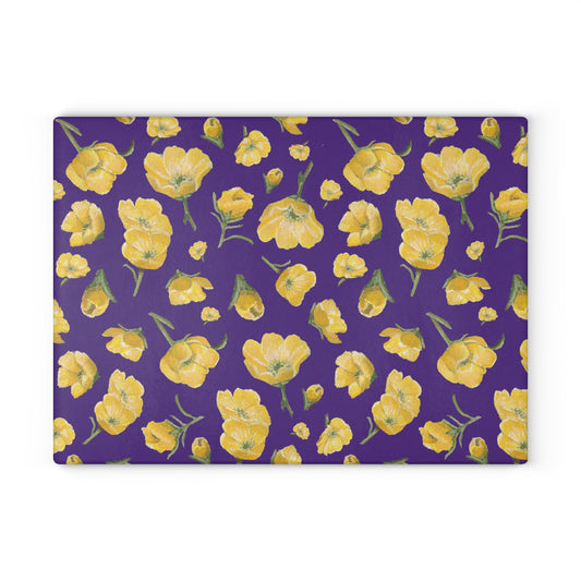 Glass Cutting Board, Kitchen Accessory, Buttercups, Purple Background, Oklahoma Wildflower, Yellow Floral