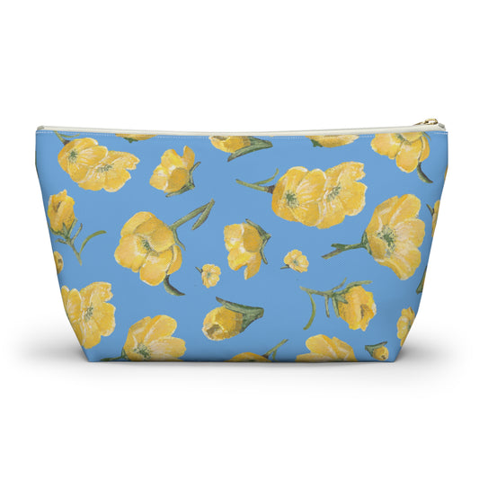 Accessory Pouch w T-bottom, Buttercups, Light Blue Background, Oklahoma Wildflower, Yellow Floral