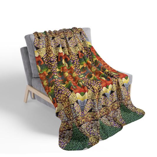 Fleece Sherpa Blanket, Three Sisters Design, Native American, Corn, Squash, Beans, Tribal Farming