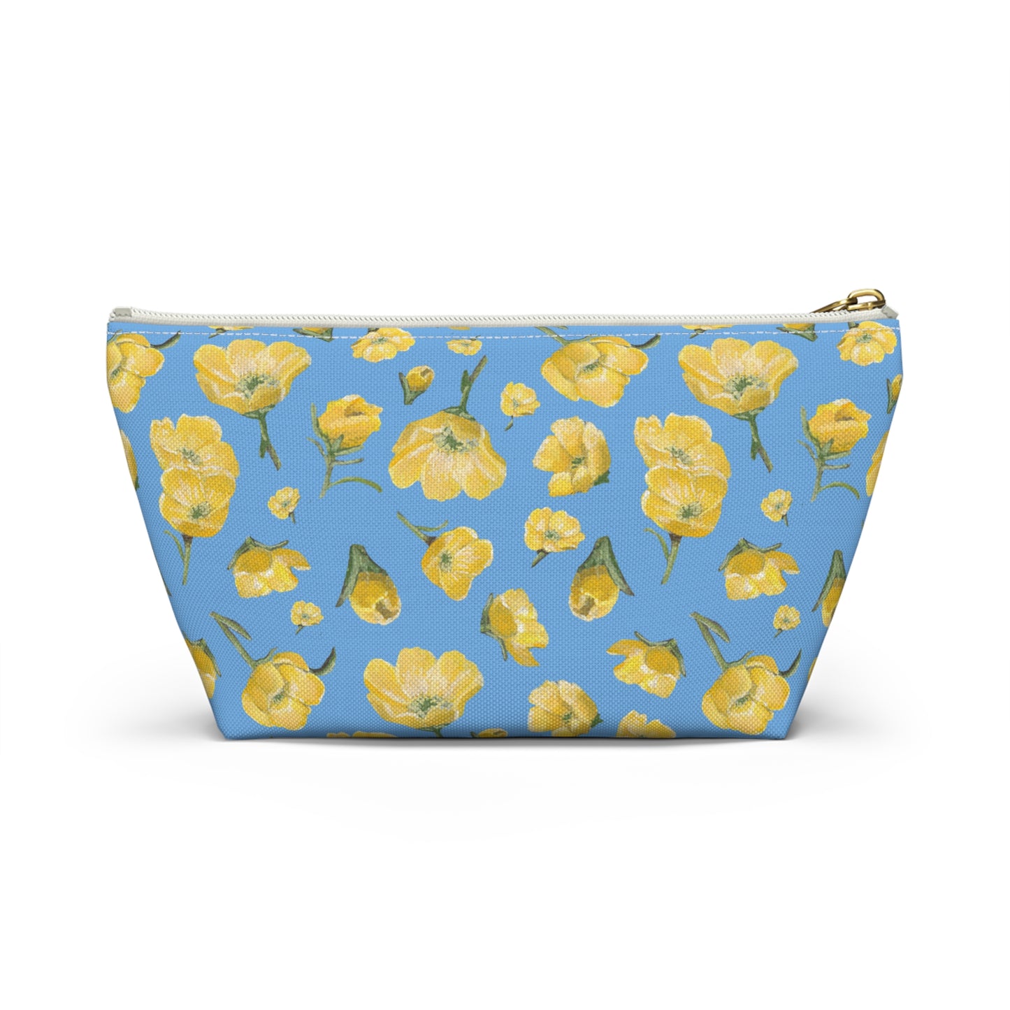 Accessory Pouch w T - bottom -Buttercups, Light Blue & Yellow - Floral Makeup Bag