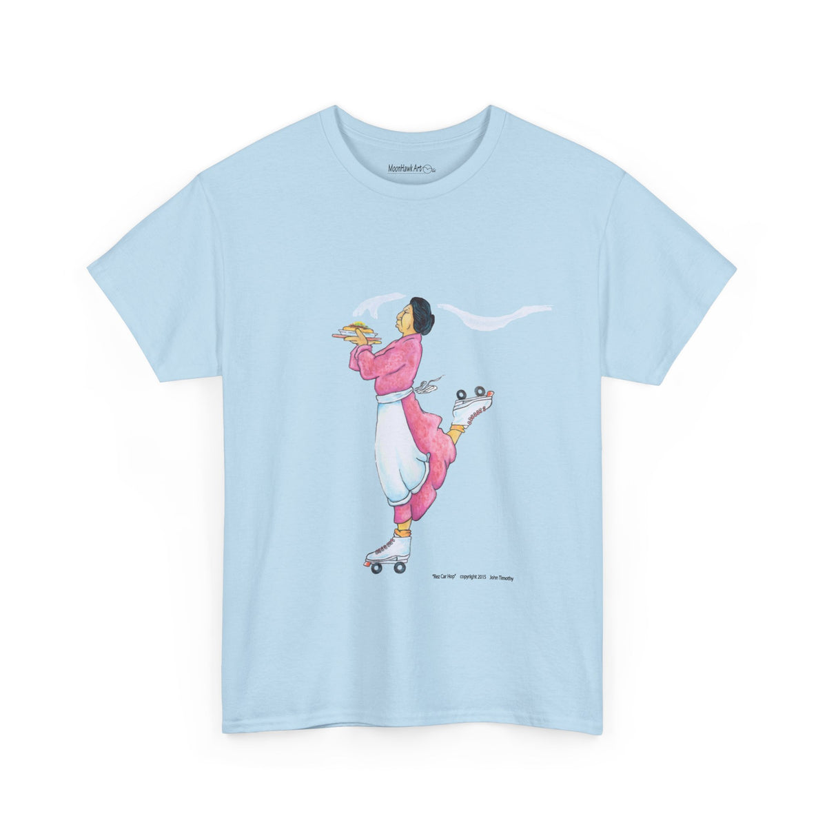 Unisex Heavy Cotton Tee, Rez Car Hop, Native Humor, Woman on Roller Skates, Indian Taco