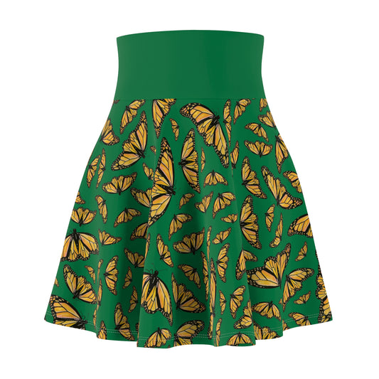 Women's Skater Skirt, Monarch, Green Background, Butterfly, Kamama
