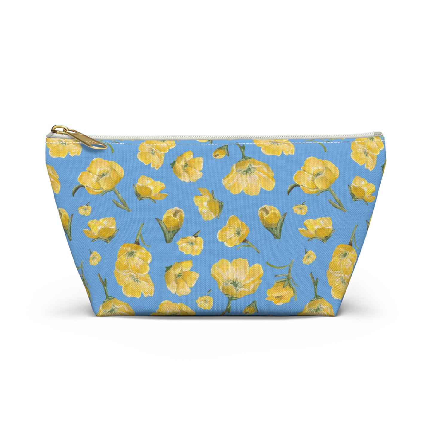 Accessory Pouch w T - bottom -Buttercups, Light Blue & Yellow - Floral Makeup Bag