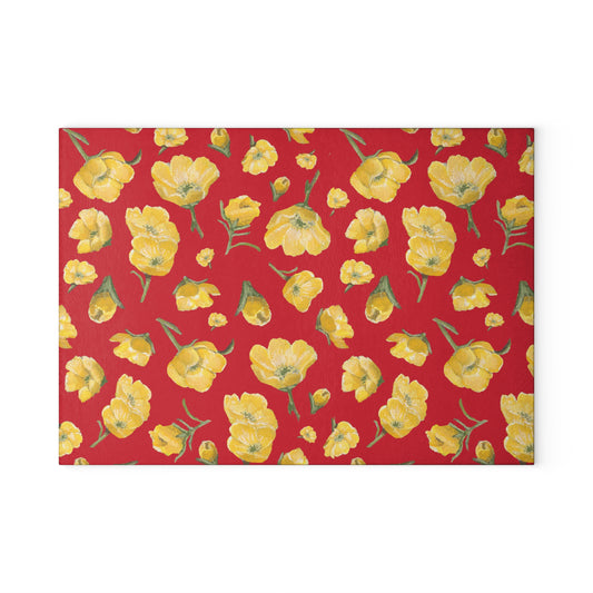 Glass Cutting Board, Kitchen Accessory, Buttercups, Red Background, Oklahoma Wildflower, Yellow Floral