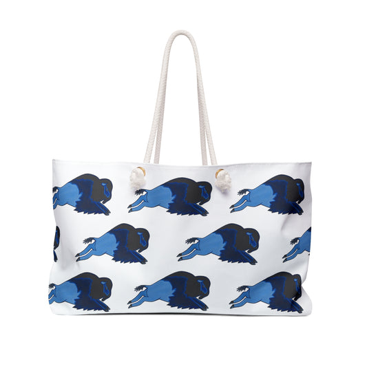 Weekender Bag, White, Blue Bison, Blue Buffalo, Native American, PowWow Tote