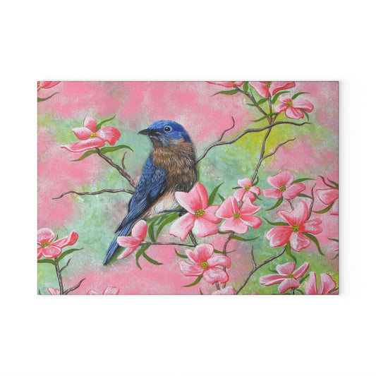 Glass Cutting Board, Kitchen Accessory, Eastern Bluebird on Pink Dogwood