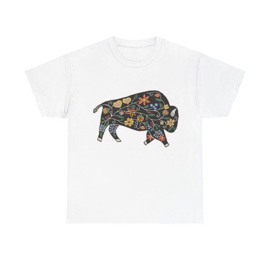 Unisex Heavy Cotton Tee, Native Beaded Floral Bison Design