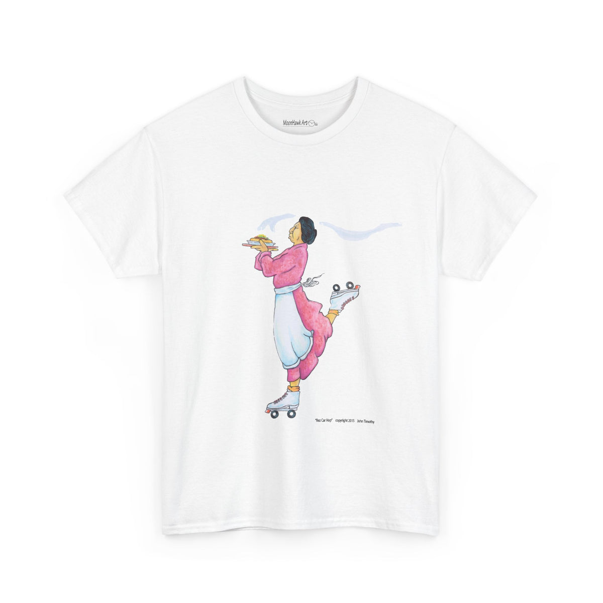 Unisex Heavy Cotton Tee, Rez Car Hop, Native Humor, Woman on Roller Skates, Indian Taco