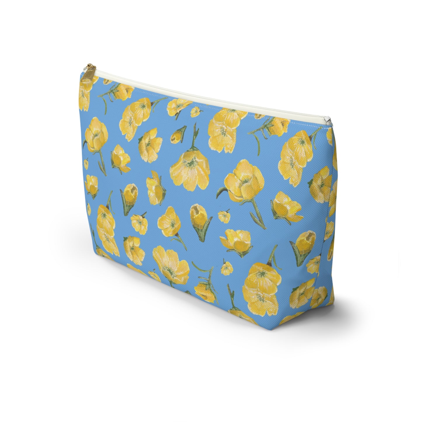 Accessory Pouch w T - bottom -Buttercups, Light Blue & Yellow - Floral Makeup Bag
