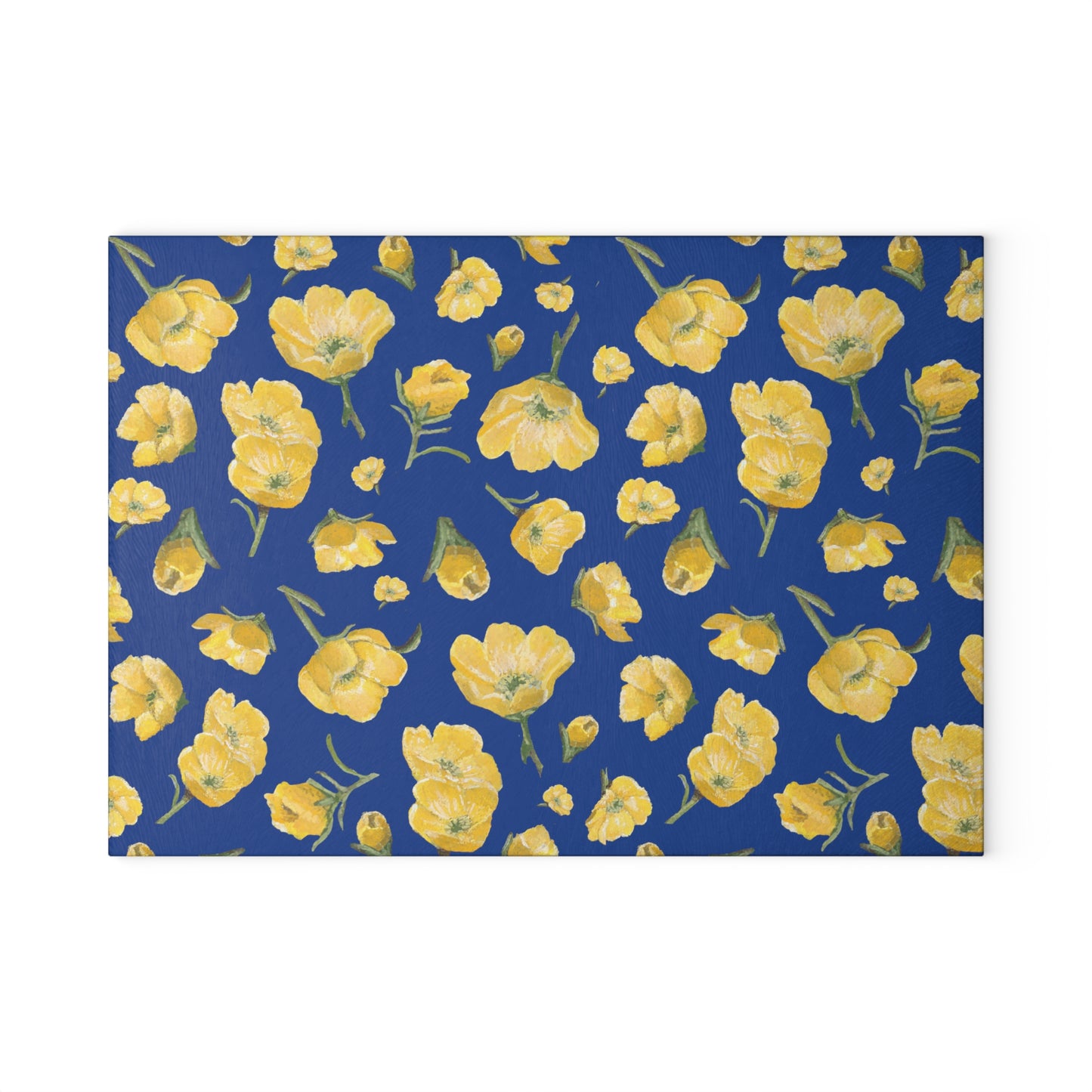 Glass Cutting Board, Kitchen Accessory, Buttercups, Dark Blue Background, Oklahoma Wildflower, Yellow Floral