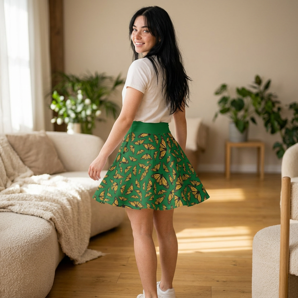 Women's Skater Skirt, Monarch, Green Background, Butterfly, Kamama