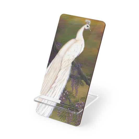 Mobile Display Stand for Smartphones, White Peacock on Purple Wisteria,