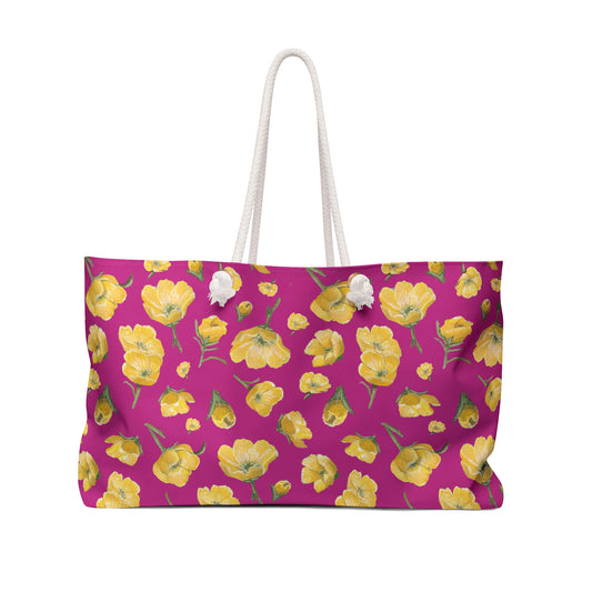 Weekender Bag, Buttercups, Hot Pink Background, Oklahoma Wildflower, Yellow Floral
