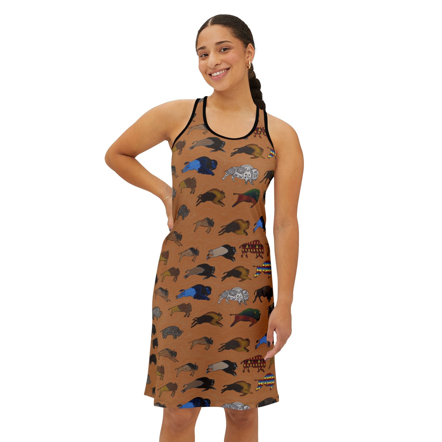 Native Art Bison Racerback Dress — Tan - All-Over Print Summer Sundress