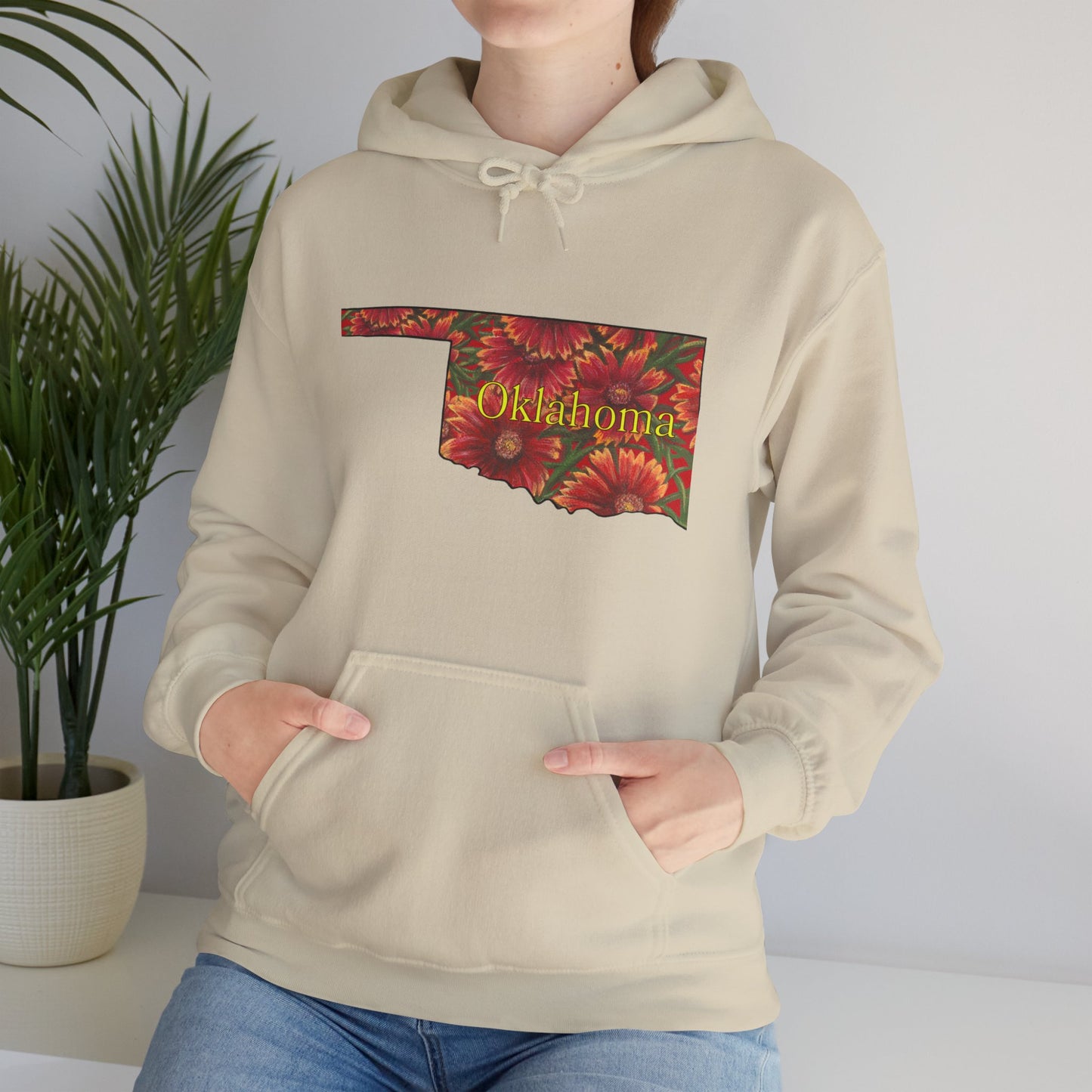 Oklahoma Hoodie - Indian Blanket - State Wildflower — Floral OK Map Design