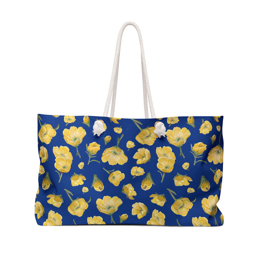 Weekender Bag, Buttercups, Dark Blue Background, Oklahoma Wildflower, Yellow Floral