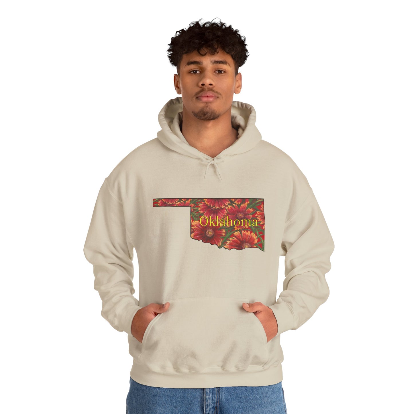 Oklahoma Hoodie - Indian Blanket - State Wildflower — Floral OK Map Design