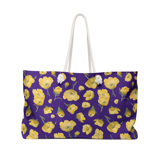 Weekender Bag, Buttercups, Purple Background, Oklahoma Wildflower, Yellow Floral