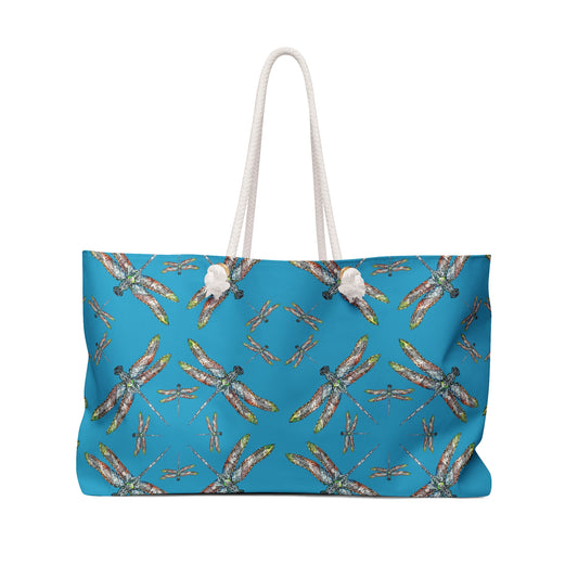 Dragonfly Weekender Bag, Large tote, Powwow bag, Turquoise color background, Native American design, Carry all