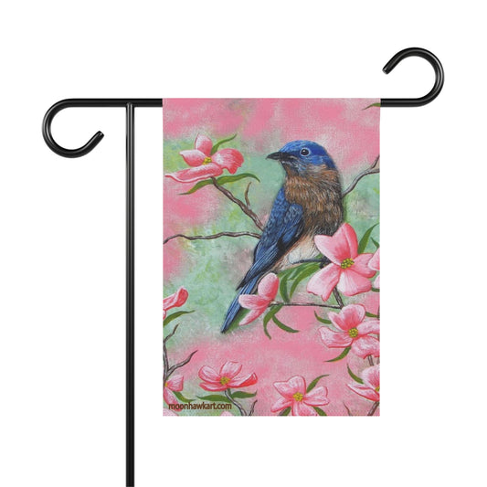 Garden & House Banner with Eastern Bluebird on Pink Dogwood