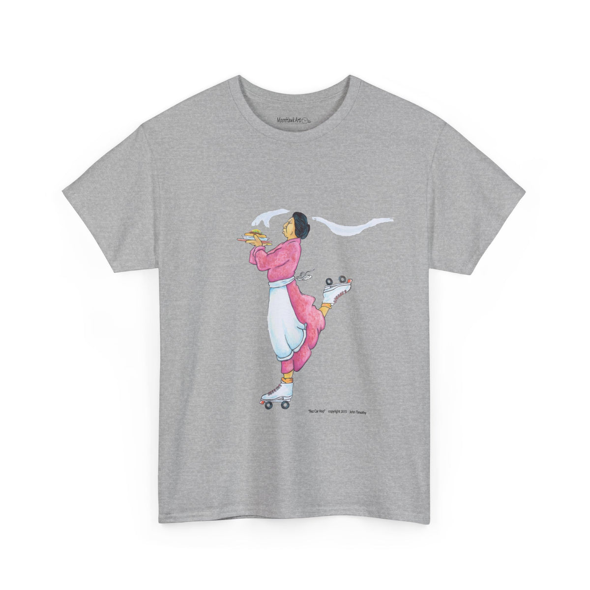 Unisex Heavy Cotton Tee, Rez Car Hop, Native Humor, Woman on Roller Skates, Indian Taco