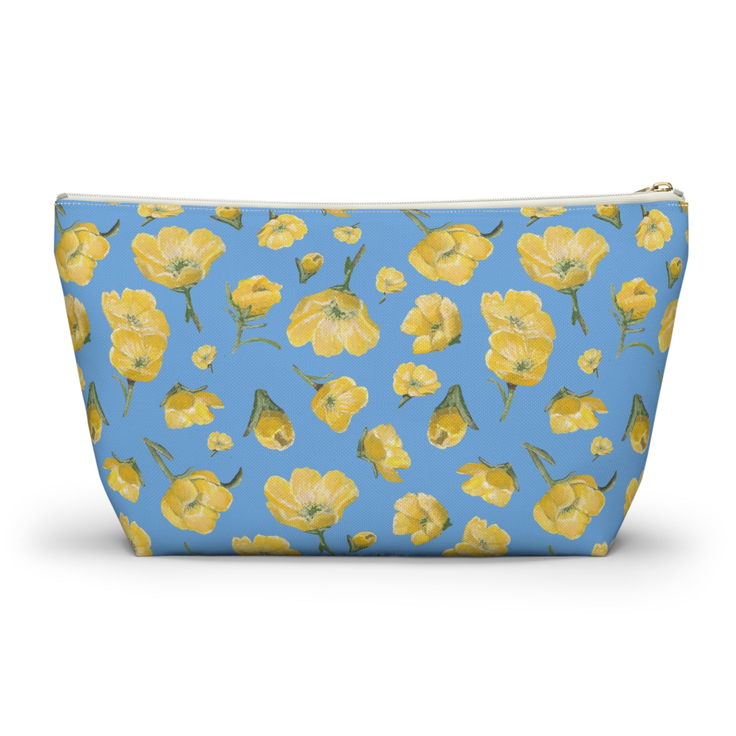 Accessory Pouch w T - bottom -Buttercups, Light Blue & Yellow - Floral Makeup Bag