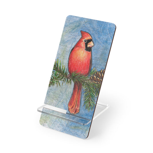 Mobile Display Stand for Smartphones, Cardinal on Pine Branch, "Totsuwa", Cell Phone Holder, Wild Bird, Cardinal Art