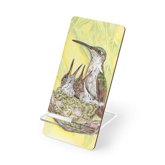 Mobile Display Stand for Smartphones, Mother Hummingbird with Babies & Nest, Hummingbird Art, Wildbird, Oklahoma Wild Bird, Cell Phone Stand